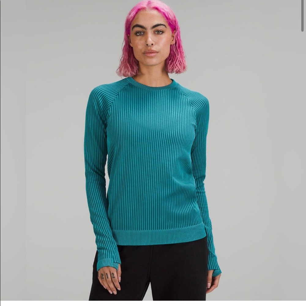 Lululemon Rest Less Long sleeve ribbed pullover size 14 Green Jasper / oceanic